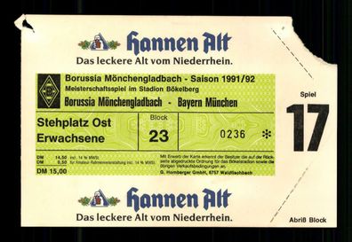 Ticket BL Borussia Mönchengladbach - Bayern München 1991-92 + G 36483