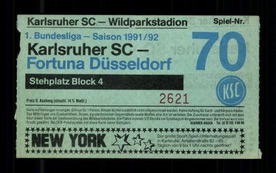 Ticket BL Karlsruher SC - Fortuna Düsseldorf 1991-92 + G 36493