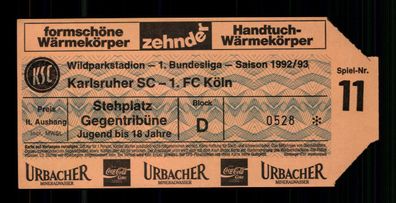 Ticket BL Karlsruher SC - 1 FC Köln 1992-93 + G 36501