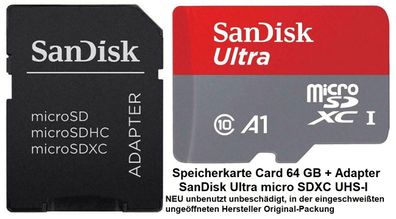 Speicherkarte Card 64 GB + Adapter SanDisk Ultra micro SDXC UHS-I. NEU & in der OVP