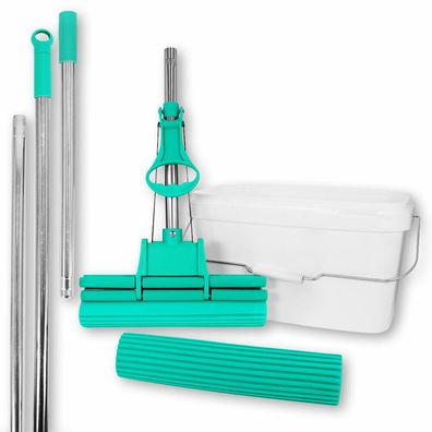 Set - Abacus Green Mop 30 cm, Ersatschwamm, Eimer und langem Verlängerungsstiel