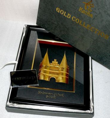 Gold Kollektion Deko Gemälde Holstentor Lübeck Rahmen Bild Zertifikat 24K Gold