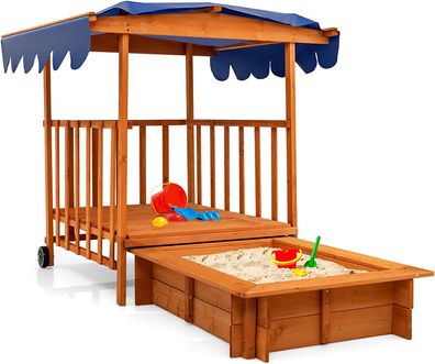 Kinder Sandkasten Holz, Spielveranda mit Sandbox, Abdeckung, Hinterräder, Geländer