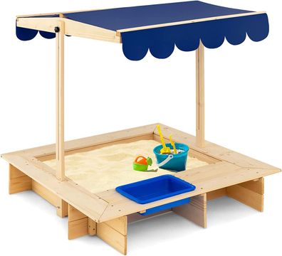 Sandkasten aus Holz, Sandbox mit verstellbarem Dach & seitlicher Eimer, bodenlose