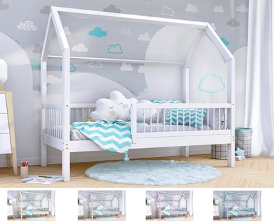 ZORI Hausbett Kinderbett mit 23 cm Holzbeine Kiefer Holz Weiß Grau Rosa Blau 90x200
