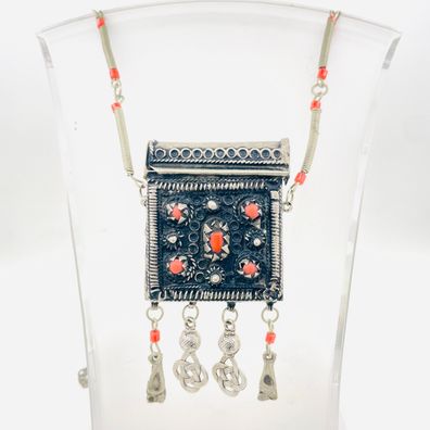 Vintage Mexico Collier Amulett mit Korallen 835 Silber Halsschmuck