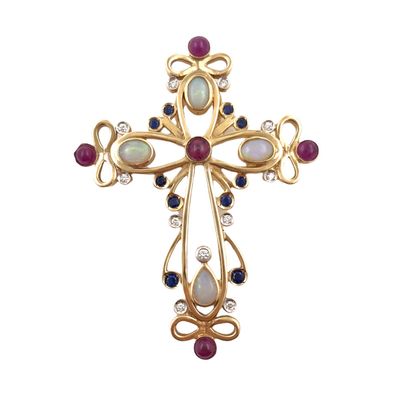 Designer Kreuz Anhänger von Caren Pfleger 585er Gold mit Opal Saphir Rubin Diamant