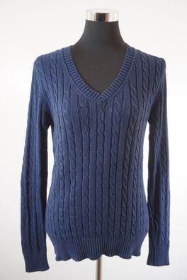 Tommy Hilfiger Damen Pullover M blau V-Ausschnitt Zopfmuster Baumwolle A530