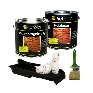 Pictolor® Holzschutz-Set Farbton: Teak 2,5 Liter + Pinsel + Walzenset