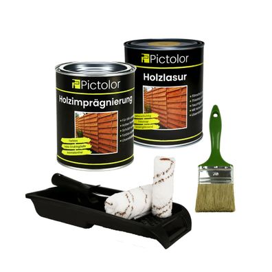 Pictolor® Holzschutz-Set Farbton: Palisander 0,75 Liter + Pinsel + Walzenset