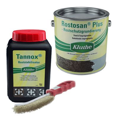 Kluthe Rostschutzmittel Set : 0,5l Tannox + 1l Rostosan Farbe Grau + Drahtbürste