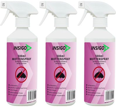 INSIGO 3x500ml Mottenspray Mottenschutz-Mittel gegen Kleidermotten Lebensmittelmotten