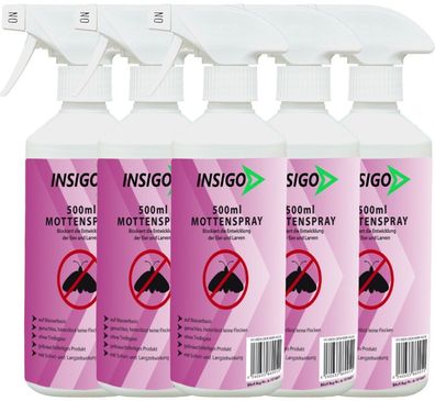INSIGO 5x500ml Mottenspray Mottenschutz-Mittel gegen Kleidermotten Lebensmittelmotten
