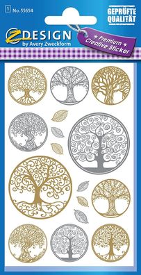 AVERY Zweckform 55654 Folien Sticker Lebensbaum 16 Aufkleber silber & gold (Dekost...