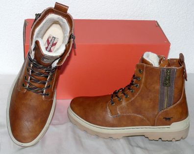Mustang ZIP Warme Herbst Winter Leder Schuhe Boots Stiefel Futter 42 Cognac N20