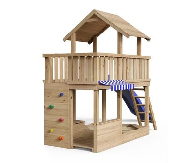 Spielturm Mia – Spielwelt – 262 - natürlich Lärchenholz mit blauer Rutsche