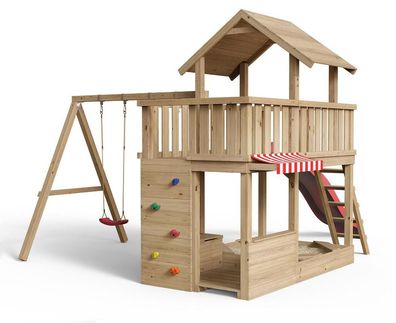 Spielturm Mia – Spielwelt – 363 - natürlich Lärchenholz mit roter Rutsche