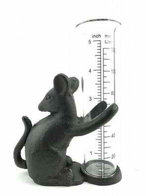 Regenmesser Maus aus Gusseisen mit Messglas Gartendeko Tischdeko