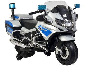 Kinder Elektro Motorrad Polizei BMW silber EVA Räder Kindermotorrad Frontscheinwerfer