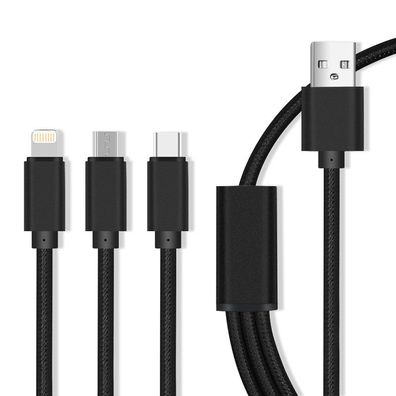 3in1 Nylon Ladegerät Kabel 2.1A Micro USB / TYP-C/ Anschluss Schnellladekabel schwarz