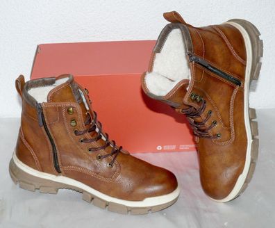 Mustang ZIP Warme Herbst Winter Leder Schuhe Boots Stiefel Futter 42 Cognac N27