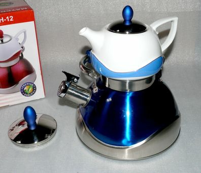 Mayerhoff MH12 Pfeifender Wasserkocher Teekanne Porzellan Caydanlik Blau Weiß 3L