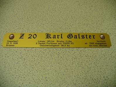 Namensschild für Modellständer mit Daten - Zerstörer Z 20 Karl Galster