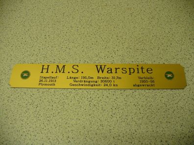 Namensschild für Modellständer mit Daten - HMS Warspite