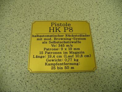 Namensschild für Modellständer oder Diorama - Pistole HK P8