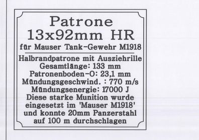 Namensschild für Modellständer oder Diorama - Patrone 13x92mm HR für Tankgewehr
