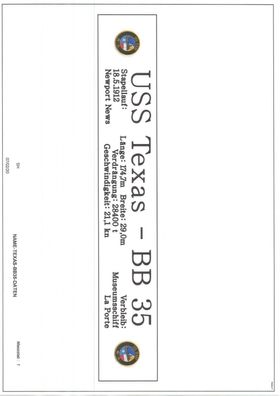 Namensschild für Modellständer mit Daten - USS Texas BB35
