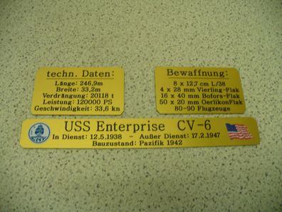 3-teiliges Namensschild für Sockelbrett mit Daten - USS Enterprise CV6 / Hood...