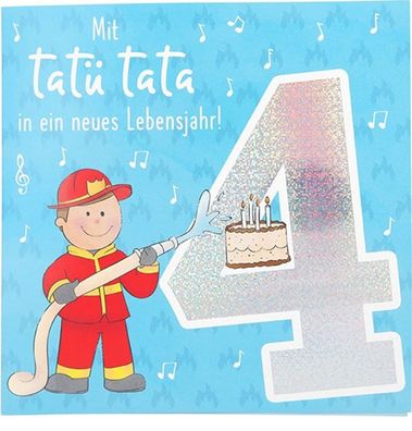 Zahlenkarte zum 4. Geburtstag mit Musik, veredelte Klappkarte mit originellem Innent