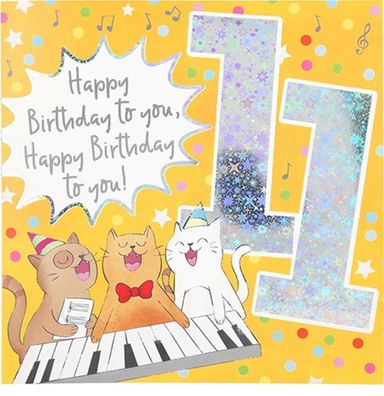 Zahlenkarte zum 11. Geburtstag mit Musik, veredelte Klappkarte mit originellem Innen