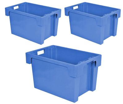 3x Drehstapelbehälter, lebensmittelecht, LxBxH 600x400x400 mm, 70 Liter, blau