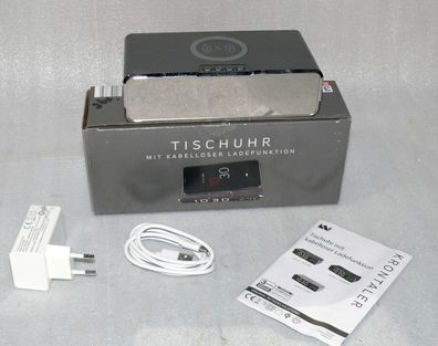 87820211 Tischuhr Qi kabelloser Smartphone Ladefunktion Temperatur Alarm Grau
