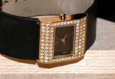 ENZO Tempo Elegante Damen Armbanduhr Schmuck Steine Leder armband Gold 1763690