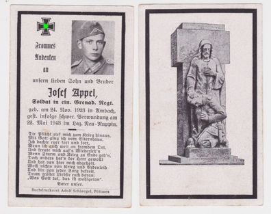 99516 Sterbebild WK2 Soldat Grenadier Regiment gest. im Lazarett Neu-Ruppin 1943