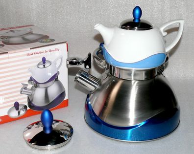 Mayerhoff MH13 Pfeifender Wasserkocher Teekanne Porzellan Caydanlik 3L Blau Weiß