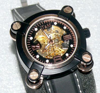 T&M Pantur Automatik Quartz Designer Armband Uhr Deckel Glas 115gr Gold Black