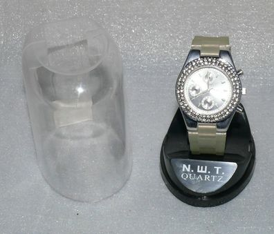 N.E.T Quartz Elegant Damen Armband Uhr Edelstahl Selikon Armband Schmucksteinen