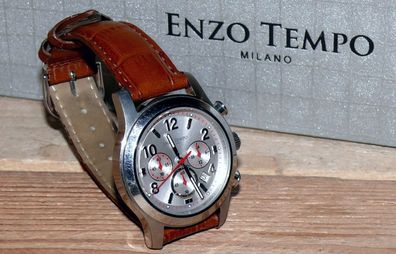 ENZO Tempo Chrono Modern Herren Armbanduhr Uhr Edelsthal Lederband Braun NR1