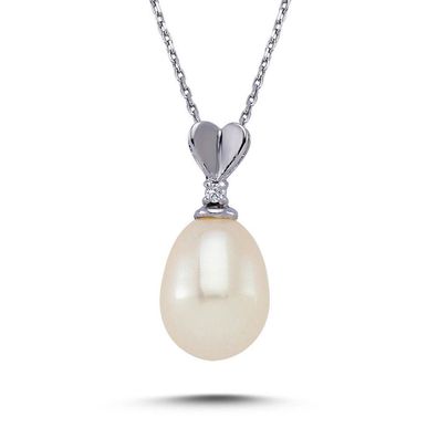 Drop Perle Diamant Anhänger mit Kette Collier Halskette in 14 Karat Weißgold