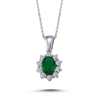 Ovaler Smaragd Entourage Halskette Brillant-Schliff Diamanten in 14 Karat Weißgold