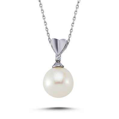 Perle & Diamant Anhänger mit Kette Collier Halskette in 14 Karat Weißgold