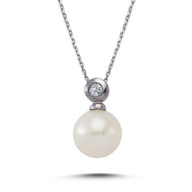 Rund Perle Brillant-Schliff Diamant Halskette Collier in 14 Karat Weißgold