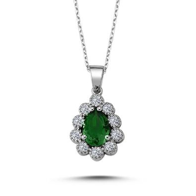 Vintage Style Diamant Drop Smaragd Entourage Halskette in 585 14 Karat Weißgold