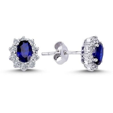 Entourage Diamant Oval Saphir Ohrstecker Ohrringe Vintage Style in 585/1000 Weißgold