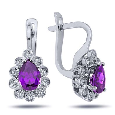 Ohrringe mit Tropfen Amethyst und Brillianten Brillant-Schliff in 14 Karat Weißgold