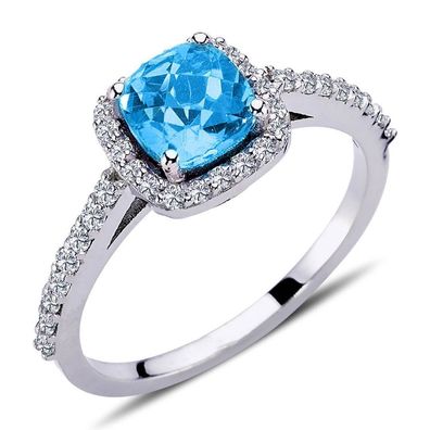 Diamant Blauer Topas Ring Damenring in 14 Karat Weißgold
